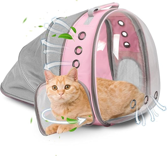 Cat Backpack Carrier Back Expandable Bubble Pet Carrier Backpack for Large Cat, Kitten and Dog, Designed for Hiking, Travelling and Outdoor Use (Back Expandable-Pink)