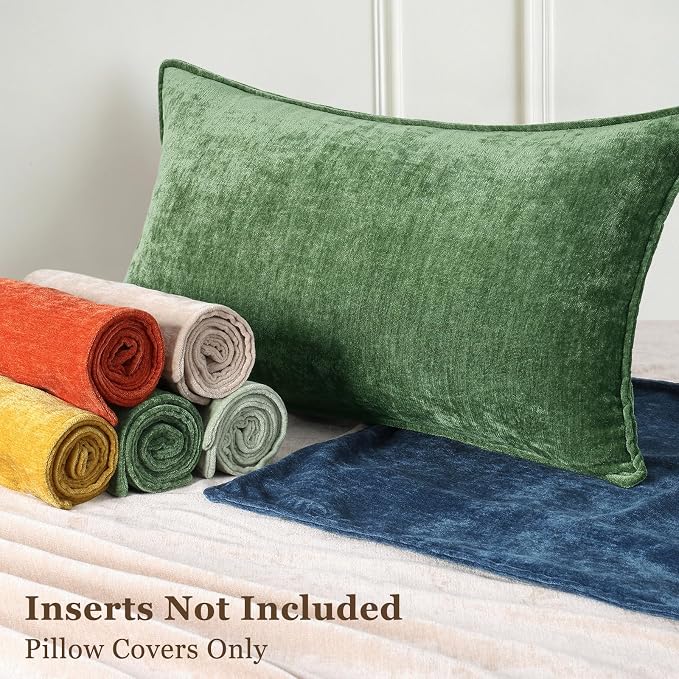 decorUhome Chenille Moss Green Velvet Throw Pillow Covers 20x20 Set of 2 | Fall Soft Couch Decorative Modern Farmhouse Pillow Cases with Elegant Design for Sofa Bed Living Room Home Decor