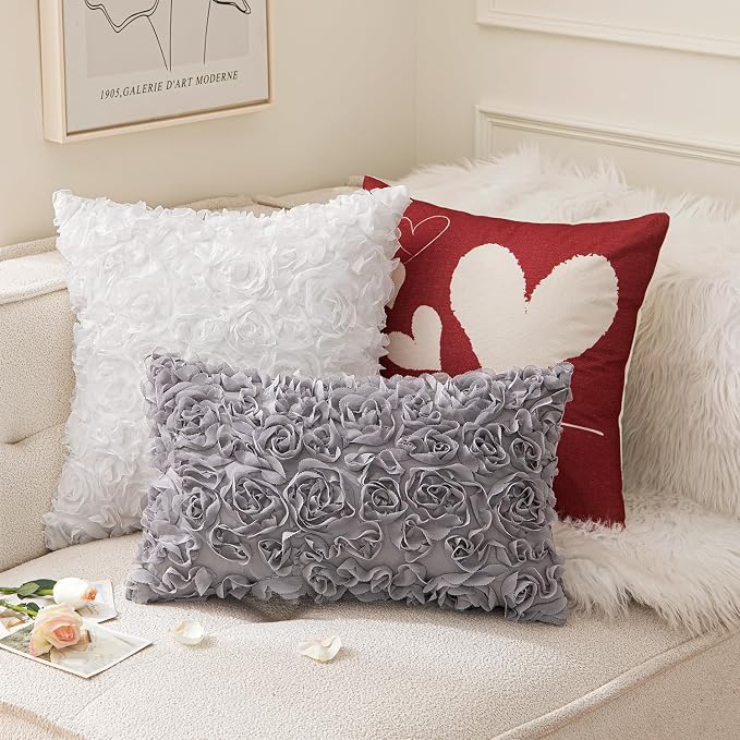MIULEE Decorative Rose Flower Pillow Cover Pack of 1 Grey 12x20 Inch | Cute Romantic Stereo Chiffon Throw Pillow Cover Aesthetic Solid Pillowcase for Girl Coquette Room Decor Coach Bedroom