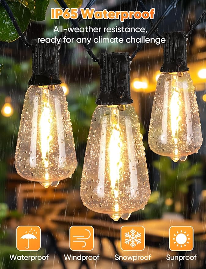 Brightever Outdoor String Lights with Remote, 200FT LED Patio Lights with 62 ST38 Shatterproof Vintage Bulbs, Dimmable String Lights for Outside, Waterproof IP65 Outdoor Lighting for Balcony, Camping