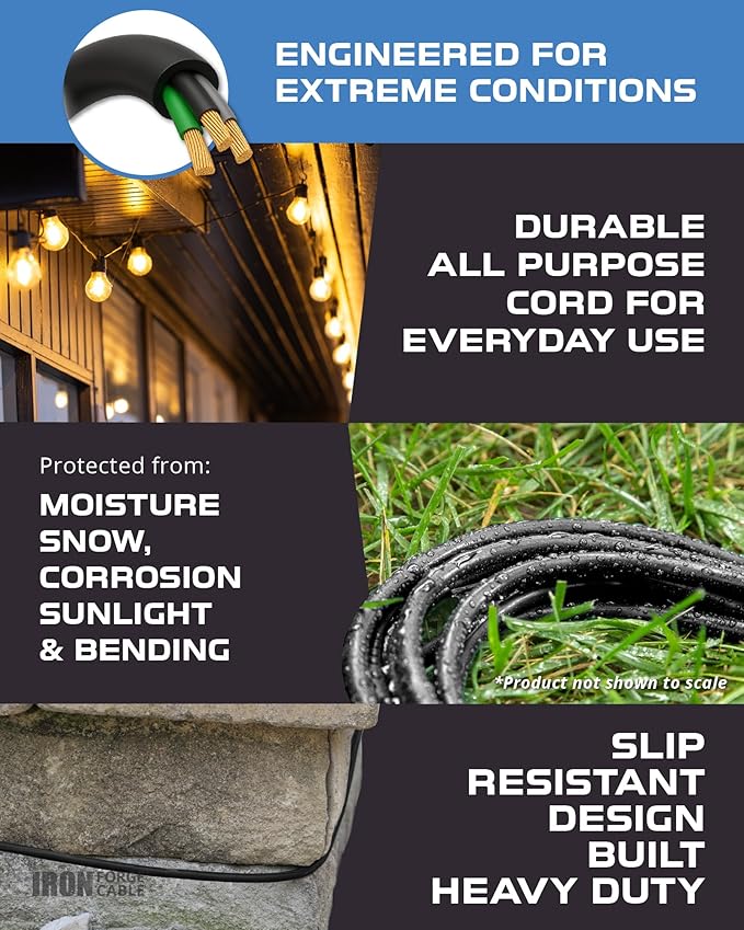 Iron Forge Cable 2 Pack 25 Ft Black Extension Cord with 3 Outlets - 16/3 SJTW 25 Foot Extension Cord 3 Prong, Weatherproof Power Cable for Outdoor