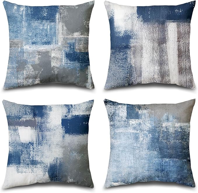 Set of 4 Blue and Grey Abstract Art Artwork Pillow Cover 16 x 16 Inch, Gallery Modern Decorative Throw Pillows Cushion Cover for Bedroom Sofa Living Room | Double-sided vibrant artwork accent cushion covers. Perfect decorative pillows for couch, sofa, ...