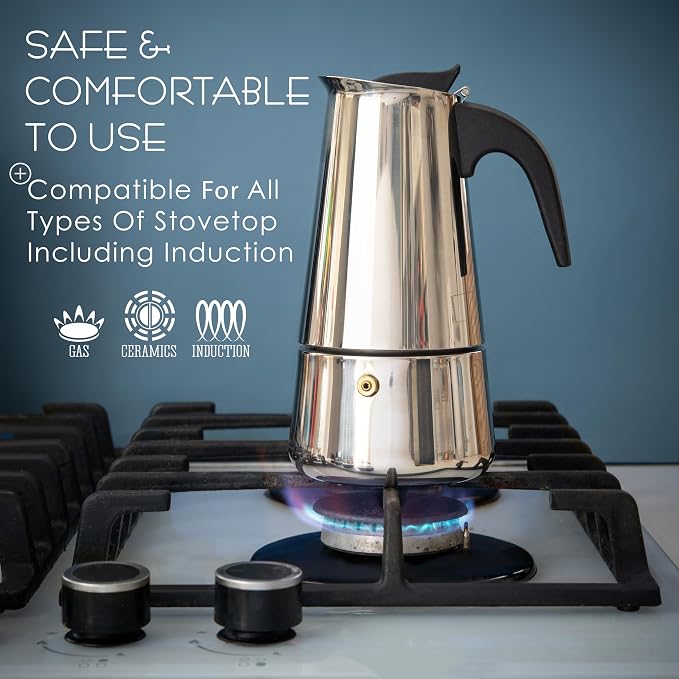 Mixpresso 6 Cup Greca Moka Pot, Stainless Steel Stovetop Espresso Maker | 300ml/10oz Italian stovetop coffee maker with classic percolator design, ideal for preparing coffee at home or while camping