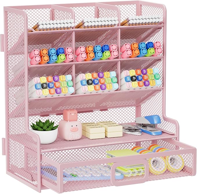 Marbrasse Larger Mesh Desk Organizer with Drawer, Multi-Functional Pen Pencil Holder, Easy Assembly, Desk Organizers and Accessories for Office Art Supplies (Pink)