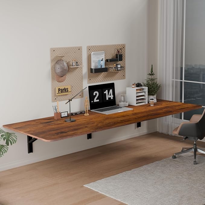 IAE 60x23in Floating Fold Desk,Wall-Mounted Folding Computer Table,Rustic | Study Table with Shelf Brackets,Foldable Down Shelf with Engineered Wood,Fold Computer Desk for Small Apartment,Holds 516 lb