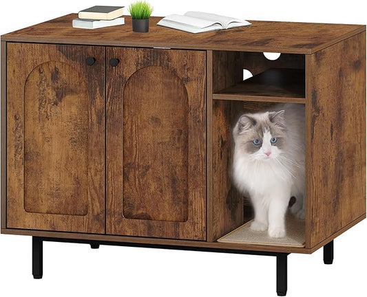 Cat Litter Box Enclosure Enclosed, Hidden Litter Box Cabinet Furniture with Storage, Wooden Indoor Cat House Large, Modern End Table for Living Room Entryway, Rustic Brown and Black CB01501B