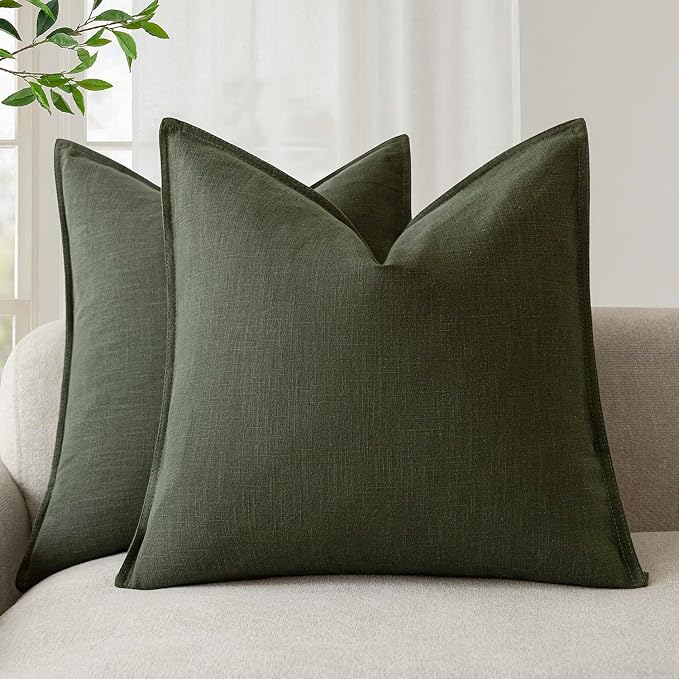Foindtower Pack of 2, Decorative Linen Solid Throw Pillow Covers Soft Accent Cushion Case Farmhouse Neutral Pillowcase for Chair Couch Sofa Bedroom Living Room Home Decor 26 x 26 Inch Dark Olive Green