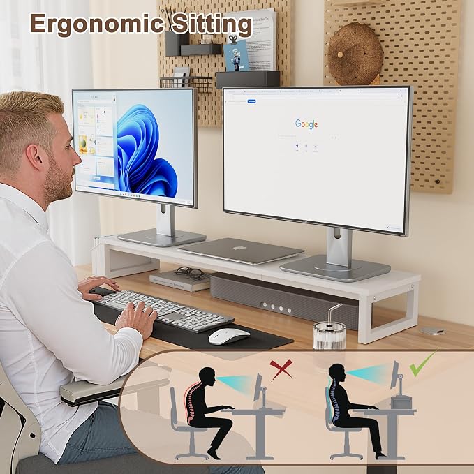 LAND·VOI Dual Monitor Stand Riser,41.5'' Long Monitor Stand for 2 Monitors, Wood and Steel Computer Monitor Stand, Desktop Oraganizer with Pen Holder, Monitor Riser for Desk Computer,Laptop,TV, White