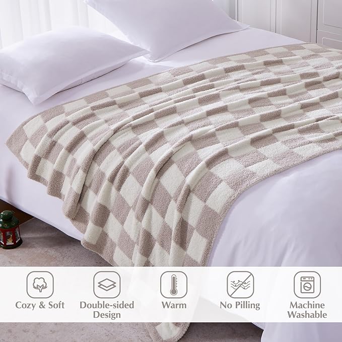 Soft Checkered Throw Blanket for Couch-Cozy Warm Knitted Blankets | Lightweight Warm Fluffy Decor for Women, Mom, Her & Girls, Sofa, Chair, Bed, 50x60in,Taupe