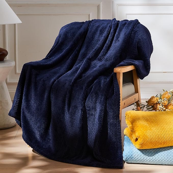 NEWCOSPLAY Fleece Leaves Pattern Twin Blanket, Dark Navy, 60"x80" | Super Soft Throw Blanket, Lightweight Cozy Bed Sofa Blanket, Premium Silky Flannel Fleece, Travel Blanket for All Season Use
