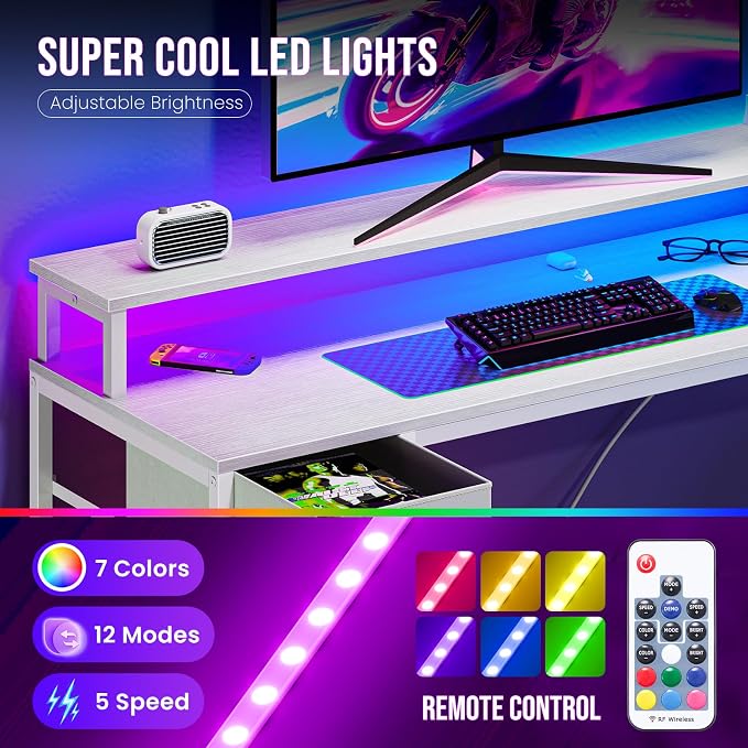 DUMOS 53 Inch Gaming Desk, L Shaped Desk, LED Lights | Monitor Stand, Storage Shelves, Computer Table, USB Charging Ports, Power Outlets, Small Spaces, White