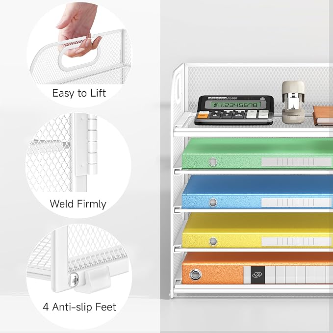 Lavatino 5 Tray Paper Organizer Letter Tray with Handle - Mesh Desk File Organizer, Paper Sorter Organizer for Office, Home or School File Folder Holder - White