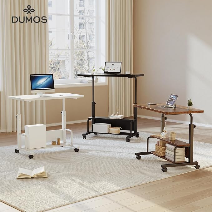 DUMOS Rolling Desk, Storage Shelves, Laptop Table, Home Office | Height Adjustable Design, Computer Desks on Wheels, Portable for Small Spaces Use, Rustic Brown