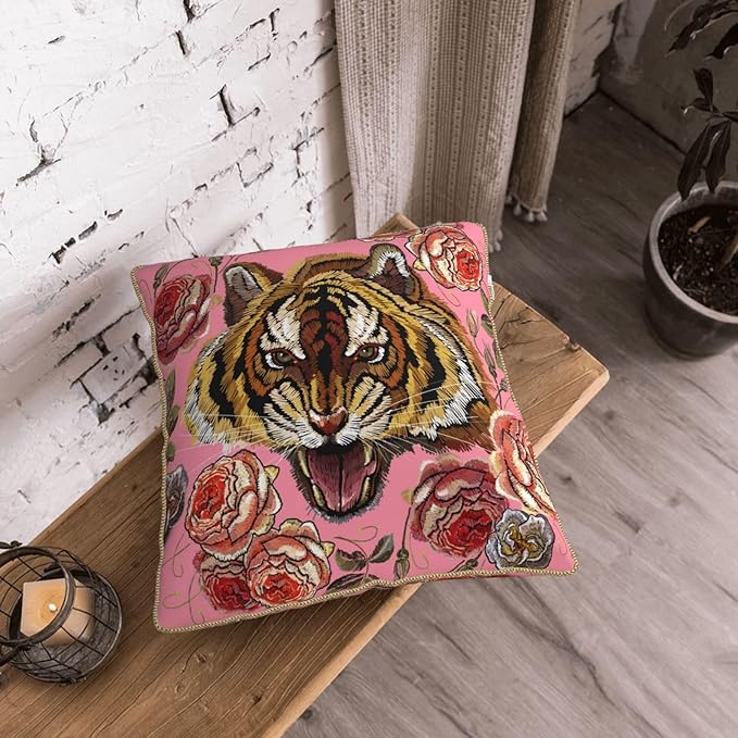 Tiger Floral Pink Velvet Pillow Covers 20x20 Inch Flower Animal Print Throw Pillows for Couch Farmhouse Cushion Covers Pillowcase Modern Pillow Cases for Sofa Bed Living Room Outdoor Decor