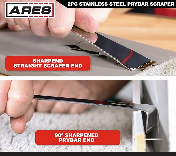 ARES 46018-2-Piece Stainless Steel Prybar Scraper Set - Ultra Sharp Scrapers Remove Residue from Steel, Aluminum, and More - Prybar Ends Offer Extra Leverage - Built-In Nail Puller and Bottle Opener