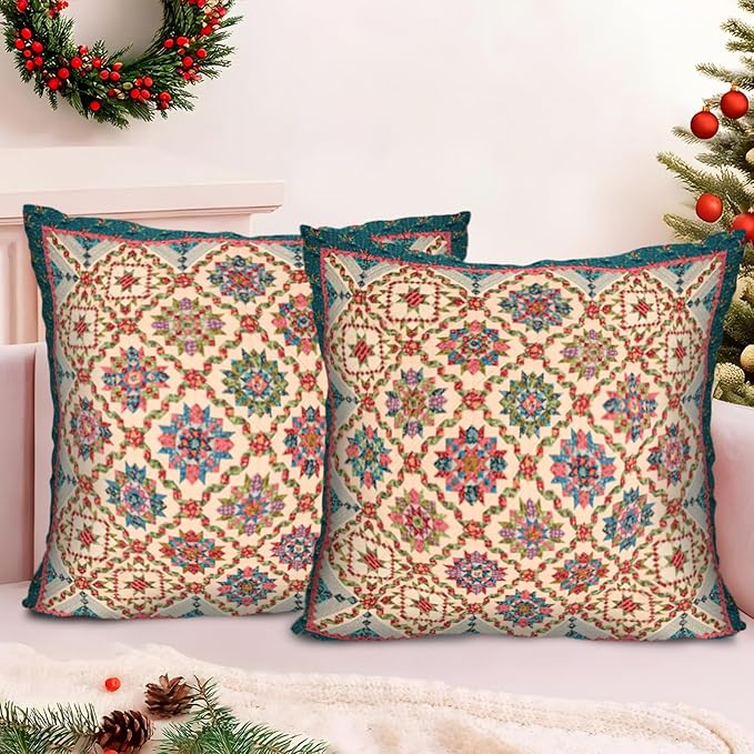 Boho Throw Pillow Covers 16x16 inch Set of 2,Boho Vintage Carpet Pattern Antique Ethnic Decor Double Sided Pattern Cushion Cover Soft Pillow Case Living Sofa Room Bed Square Pillow Cover