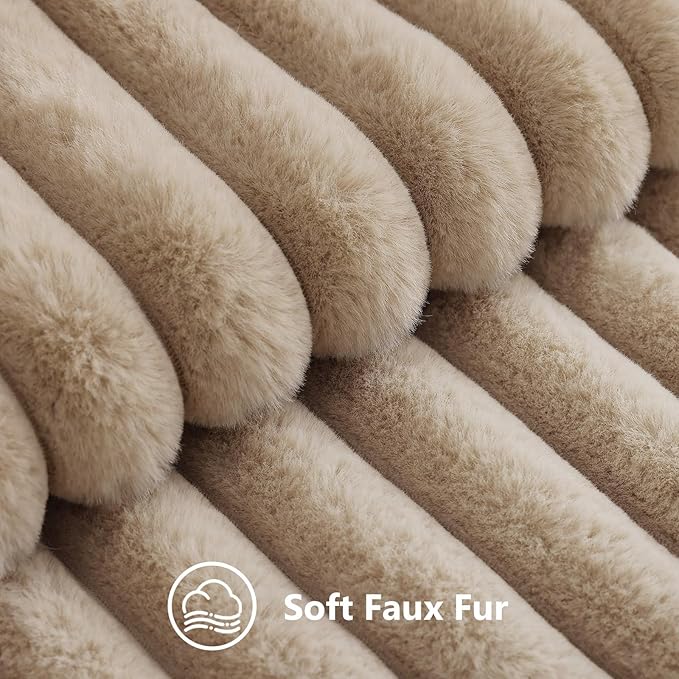 decorUhome Fall Faux Fur Throw Pillow Covers 12x12 Set of 2 Khaki Brown | Decorative Soft Cozy Striped Plush Modern Farmhouse Boho Couch Pillow Cases Velvet Back for Sofa Bed Living Room Home Decor