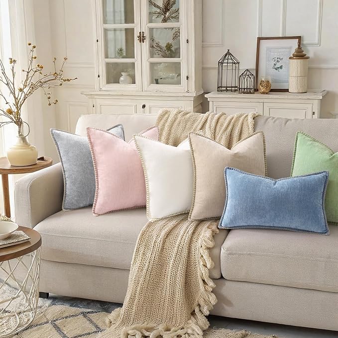 decorUhome Soft Chenille Throw Pillow Covers 20x20 Set of 2 Neutral Gray | Fall Textured Decorative Throw Pillow Cases Stitched Edge Modern Farmhouse Luxury Boho Velvet for Couch Sofa Bed Home Decor