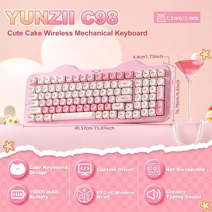 YUNZII C98 Cute Cake Wireless Mechanical Keyboard(Pink, Candy Switch) | 99 Keys with Number Pad, Hot Swap, PBT MOA Keycaps, BT5.0/2.4G/USB-C, Gasket Mount, Custom RGB Backlit for Win/Mac