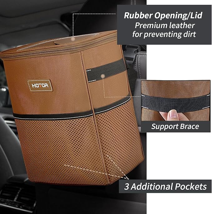 HOTOR Brown Car Trash Can with Adjustable Strap, Magnetic Snaps, Waterproof Lining, and Storage Pocket