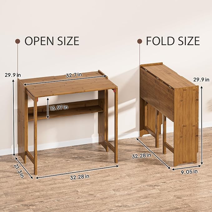Bamboo Folding Desk for Small Spaces, Small Computer Foldable Desk, Brown | Space Saving Desk for Bedroom Home Office, Mid Century Sofa Table for Couch, Writing Work Office Desk