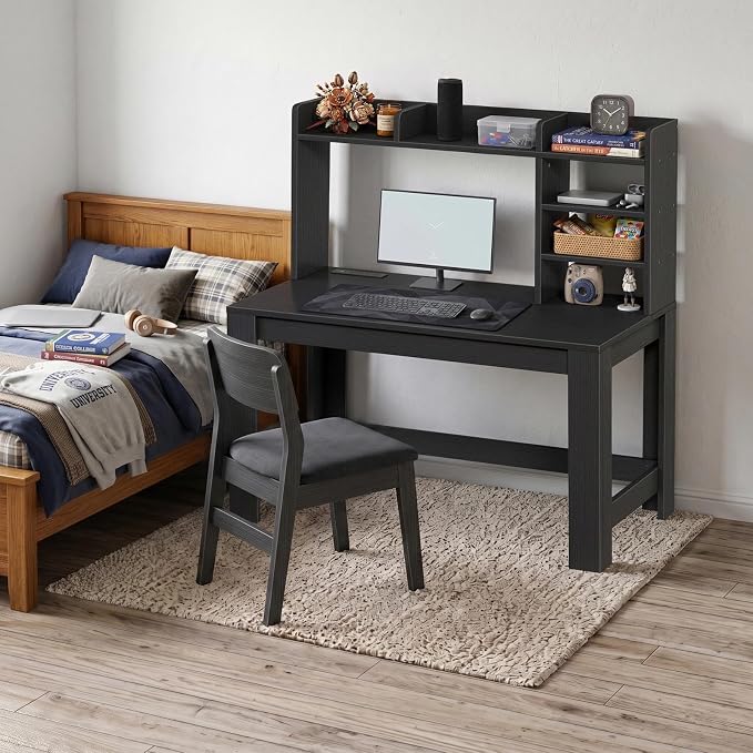WINAZ 43" Black Gaming Desk with Hutch and Built-in Power Outlet | Modern Computer Desk with 3-Tier Storage Shelves and Hutch, Space-Saving Writing Table for Home Office