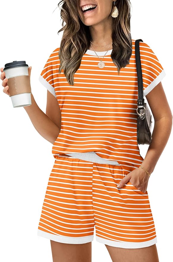 WIHOLL Two Piece Sets for Women Summer Lounge Short Sets Cap Sleeve Crew Neck Sweatsuit with Pocket XS-2XL