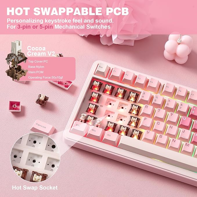 YUNZII B75 PRO 75% Wireless Mechanical Keyboard (Pink, Cocoa Cream V2) | Hot Swap Keyboard with Knob, Gasket Mount, Creamy Pre-lubed Switch for Smooth Typing, BT/USB-C/2.4G, for Gaming