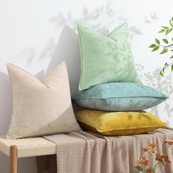decorUhome Chenille Sage Green Velvet Throw Pillow Covers 16x16 Set of 2 | Fall Soft Couch Decorative Modern Farmhouse Pillow Cases with Elegant Design for Sofa Bed Living Room Home Decor