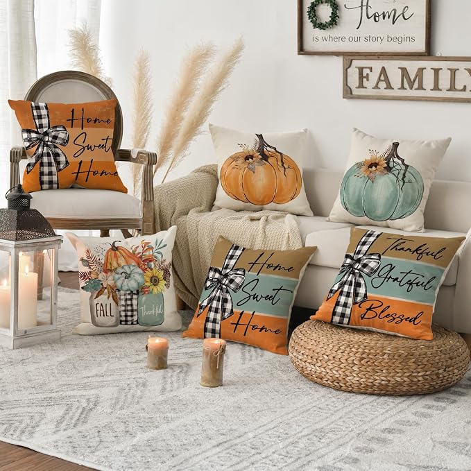 AVOIN colorlife Fall Pumpkin Home Sweet Home Throw Pillow Covers, 18 x 18 Inch Autumn Thankful Grateful Blessed Harvest Floral Decorations for Sofa Couch Set of 4