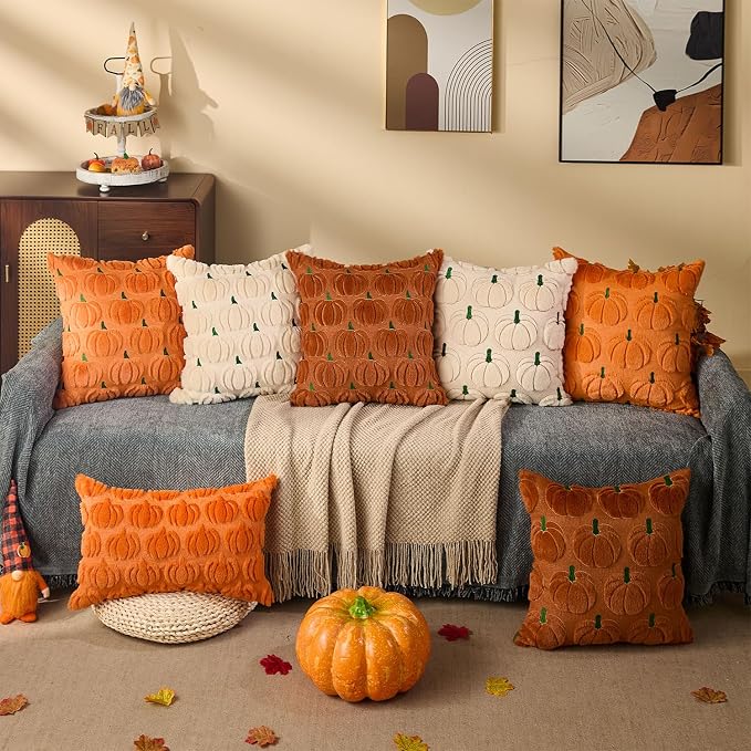 DFXSZ Fall Pillow Covers 18x18 2Pcs Orange Green Pumpkin Fall Decorations | Fall decor Set of 2 Throw Pillow Cases Soft Plush Faux Fur Wool Couch Cushion for Chair Sofa Bedroom Living Room Home Decor