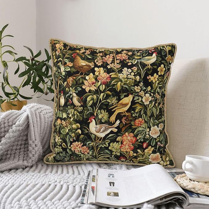 Vintage Floral Animal Velvet Pillow Covers 20x20 Inch Black Green Flowers Leaf Throw Pillows for Couch Farmhouse Cushion Covers Pillowcase Boho Chinoiserie Pillow Cases for Sofa Bed Outdoor Decor