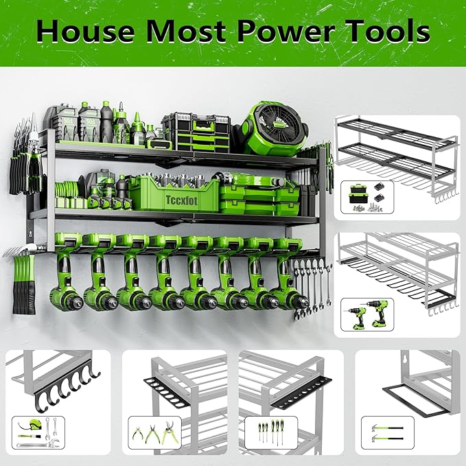 Power Tool Organizer - 3 Layer 8 Drill Holder Wall Mount, Storage Rack for Garage Organization, Large Tool Shelf, Gifts for Him Men Dad Husband Anniversary Fathers Day, Cool Gadget Stocking Stuffer