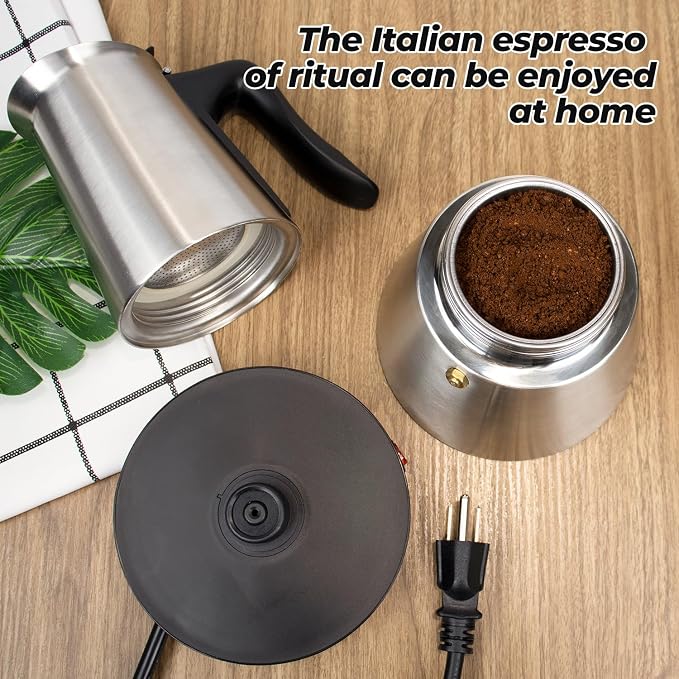 Electric Stainless Steel Moka Pot 6 Cup 300ml Mocha Pot | Espresso Maker with Detachable Base Ideal Coffee Maker for Home Italian and Cuban Café Coffeemaker Espressomaker Coffee Pot
