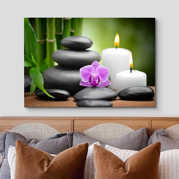 wall26 Canvas Print Wall Art Purple Orchid with Candles, Massage Stones & Bamboo Floral Nature Photography Realism Zen Scenic Multicolor for Living Room, Bedroom, Bathroom, Office - 24"x36"