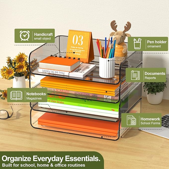 FANXIYQ 4-Tier Acrylic Paper Tray Organizer, Clear & Brown Paper Organizer | Stackable, Tool-Free Design with 2-4 Tiers for A4 Paper, Files, Books and Mail; Ideal for School, Home Office and Study Room