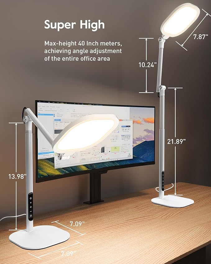 LitONES Tall LED Desk Lamps with Base, Edge-Lit Eye-Care, 50 Light Modes | 40" Height, Dimmable & Flexible, CRI>97.8, Memory and Timer Func, Stable Mental Base for Home Office, Video Calls & Drafting
