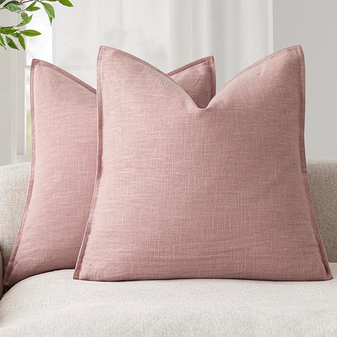 Foindtower Pack of 2, Decorative Linen Solid Throw Pillow Covers Soft Accent Cushion Euro Case Boho Farmhouse Pillowcase for Chair Couch Sofa Bedroom Living Room Home Decor 22 x 22 Inch Rose Pink