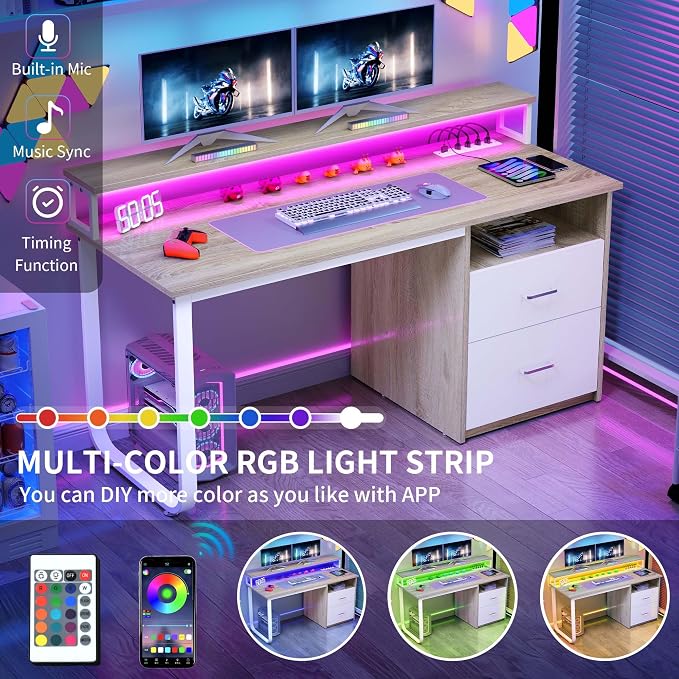 DWVO Computer Desk with Drawers, 47.2" Office Desk with Power Outlets & LED Light, Home Office Desk with Storage Shelves, White & Oak | Built-In Power Outlets, Led Light, Storage Shelves, Drawers, Compact Size, for Home Office Small Space, Easy Assembly
