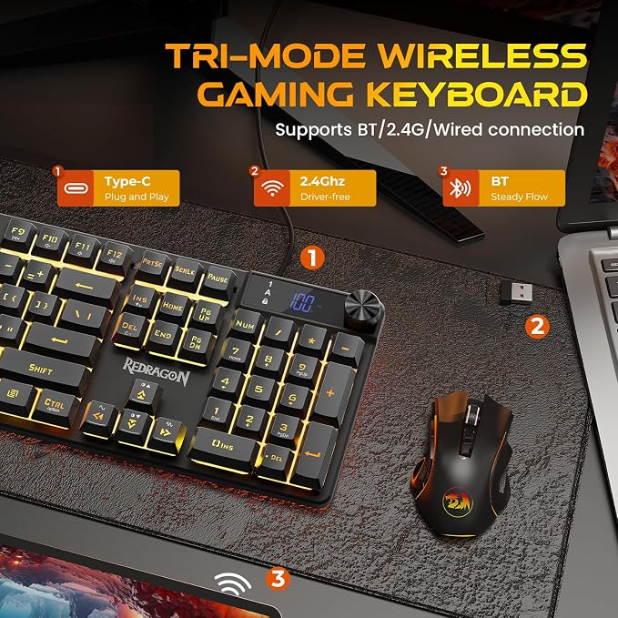 Redragon K521 Pro Wireless Gaming Keyboard with Screen, 4000mAh Battery | Mechanical Feeling, Tri-Mode BT/2.4G/USB-C, RGB Keyboard, 12 Multimedia Keys, Programmable Software, Full-size keyboard