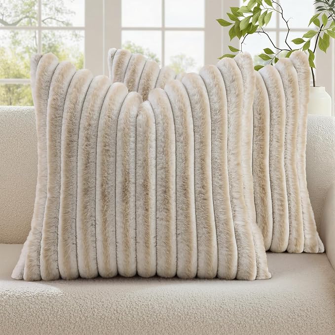 decorUhome Fall Faux Fur Throw Pillow Covers 22x22 Set of 2 Beige White | Decorative Soft Cozy Striped Plush Modern Farmhouse Boho Couch Pillow Cases Velvet Back for Sofa Bed Living Room Home Decor