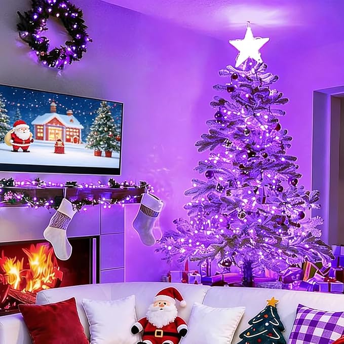 LAMPHOME 66FT 200LED Purple Christmas Lights Indoor Outdoor Clear Wire, Purple Lights for Christmas Tree, 16 Modes Deep-Violet String Lights Plug in for halloween Bedroom Garden Party Xmas Decorations