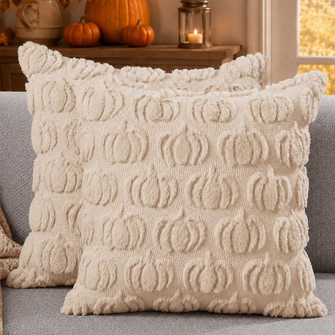 DFXSZ Fall Pillow Covers 24x24 2Pcs Beige Pumpkin Fall Decorations for Home | Fall decor Set of 2 Throw Pillow Cases Soft Plush Faux Fur Wool Couch Cushion for Chair Sofa Bedroom Living Room Home Decor