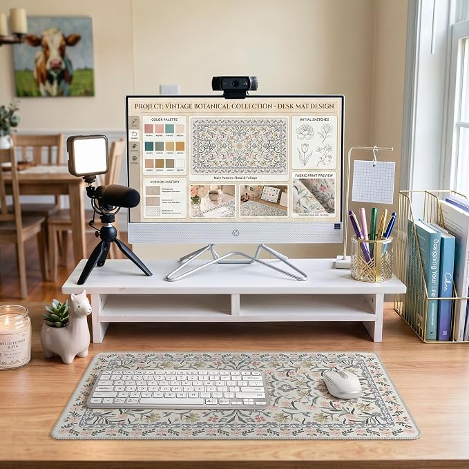 iCasso Aesthetic Mouse pad,23.6x13.7 Desk Pad Mat, Gray Floral | Desk Matt for Desktop, Anti-Slip Mousepad with Stitched Edges for Laptop Computer Keyboard