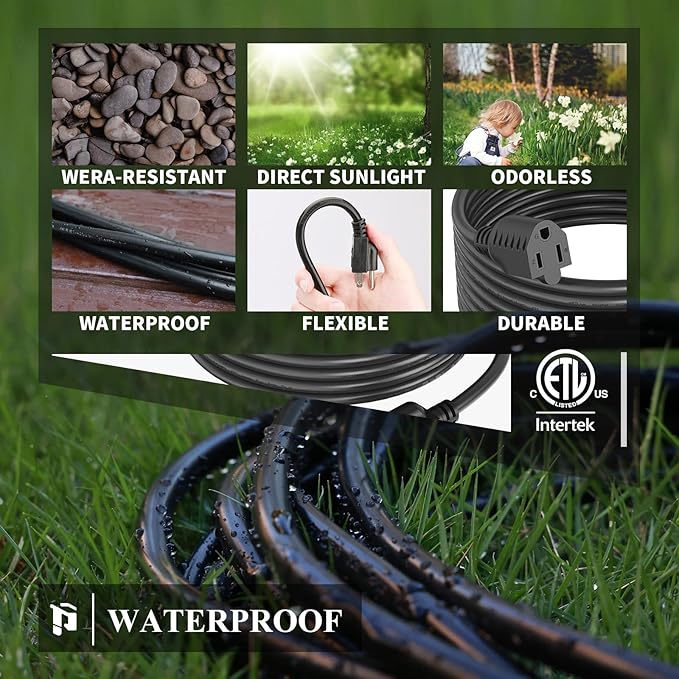 200 FT Outdoor Extension Cord Waterproof 16/3 Black Heavy Duty 3 Prong Extension Cord, 10A 1250W SJTW, ETL Listed, Great for Garden and Home