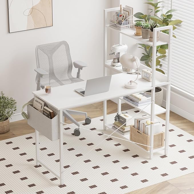 Treesland 40 Inch Computer Desk with Bookshelf, Corner Desk with Storage, L Shaped Desk, Home Office Desks, Writing Study Desk for Bedroom, White