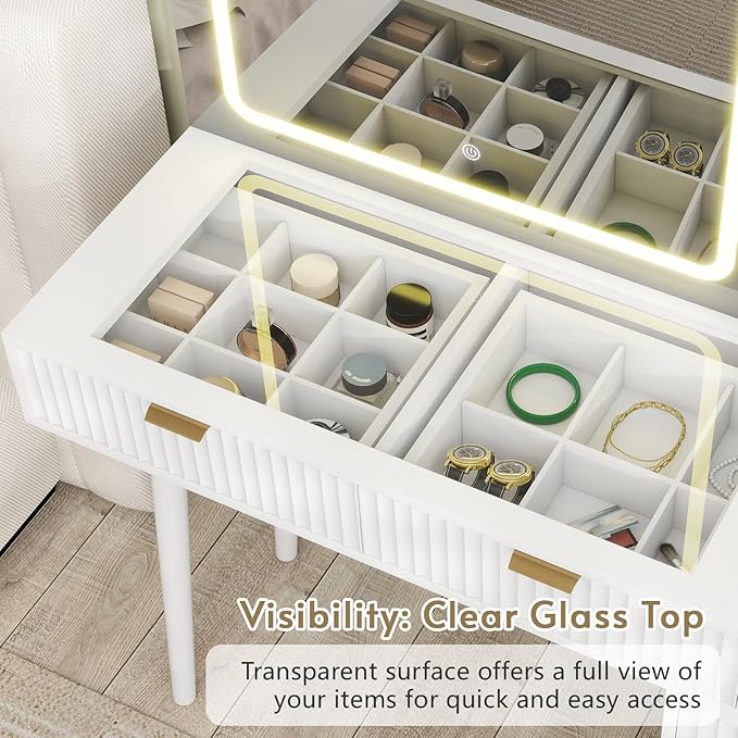 White Vanity Desk with Mirror and Lights, 49" Fluted Wood Makeup Vanity Table with Modern Glass Top, Charging Station, 5 Drawers, 2 Cabinet with Adjustable Shelves, Salon Station