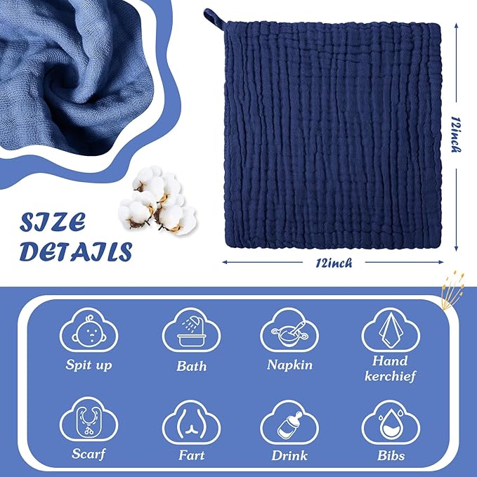 8 Pcs Baby Washcloths for Newborn 12 x 12 Inch Muslin Face Towels Cotton Absorbent for Delicate Skin Soft Muslin Cloth Reusable Baby Registry as Shower Gift, 4 Colors (Dark Blue)