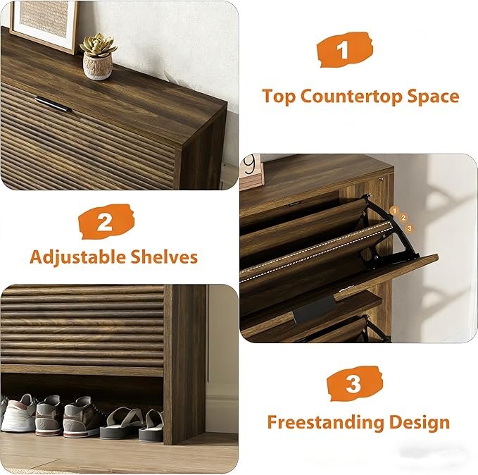 Garvee Shoe Storage Cabinet for Entryway, Fluted Shoe Cabinet with 3 Flip Drawers Doors, 32" Wide Hidden Shoe Rack Tall Freestanding Shoe Organizer for Entrance, Hallway, Living Room, Walnut