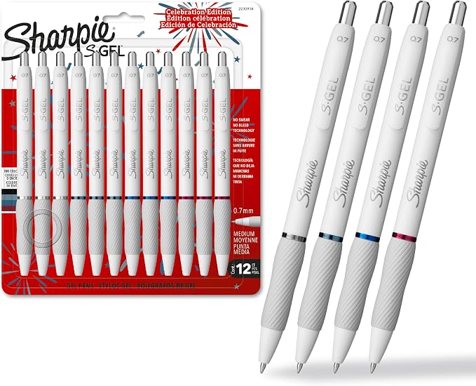 Sharpie S-Gel Pens, Pearl White Body, Fashion Barrel, Medium Point (0.7mm), Colorful Ink, 12 Count, USA 250th Anniversary Edition